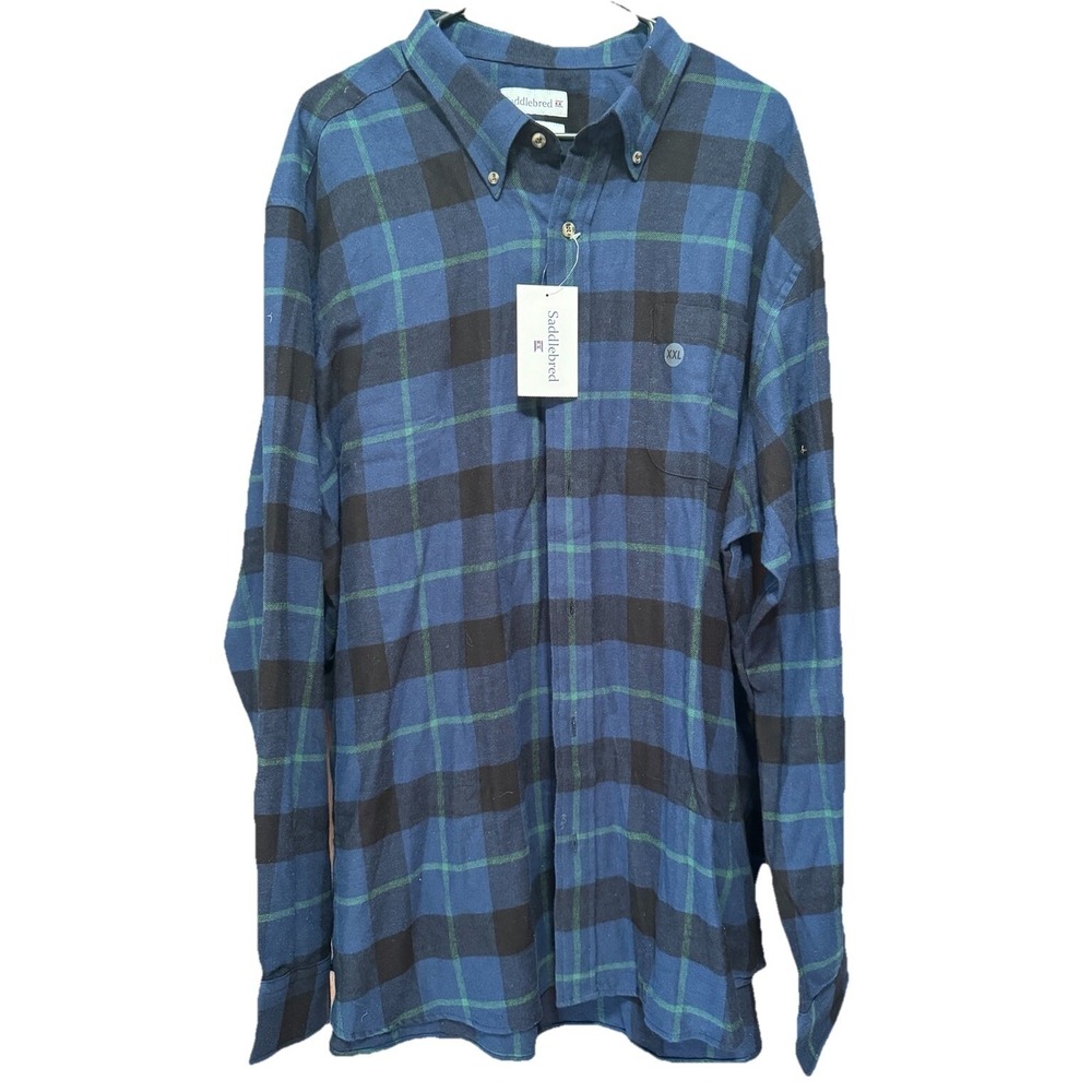 Saddlebred XXL Mens Plaid Flannel Shirt Long Sleeve Button Up Blue Black‎